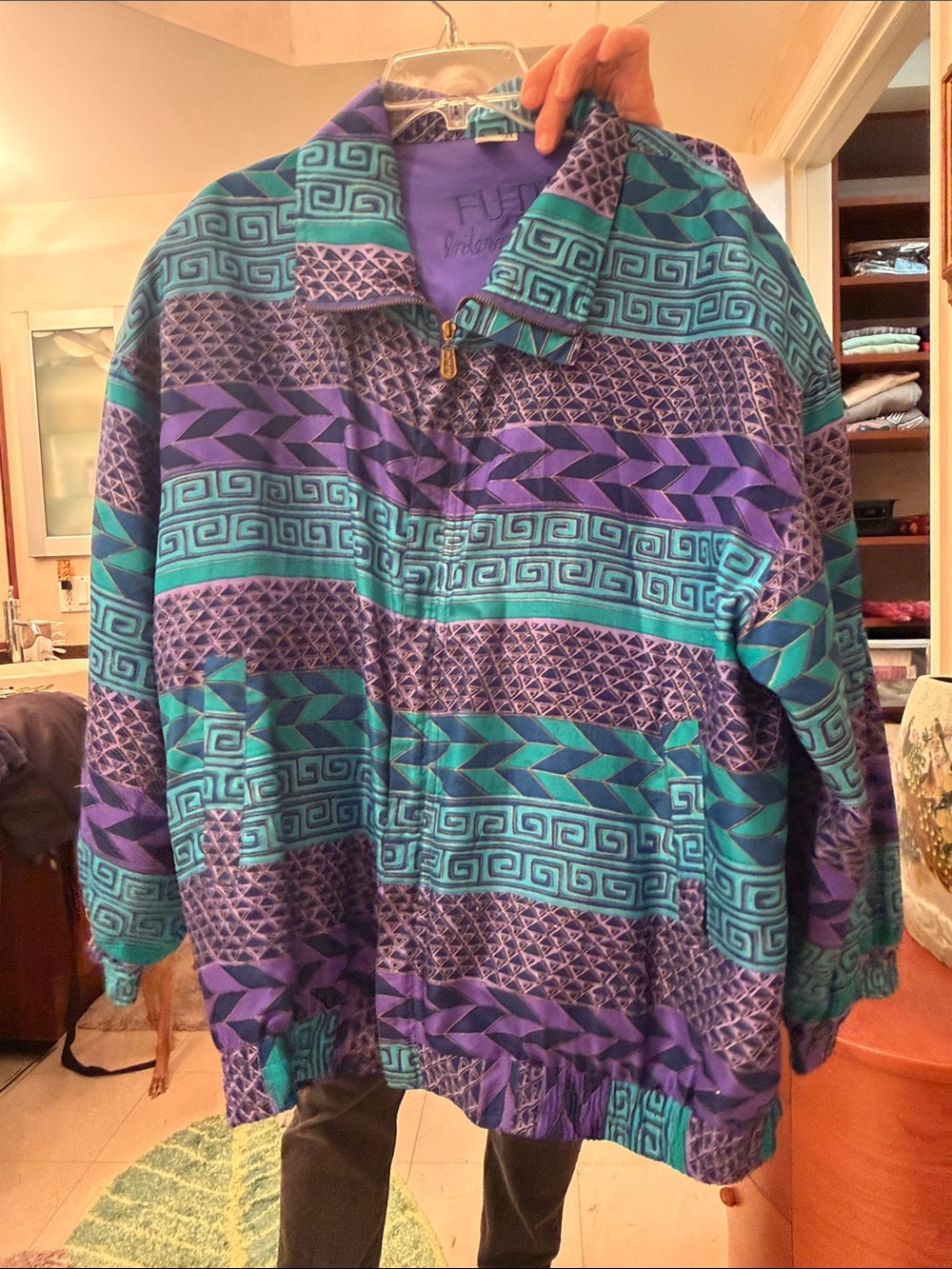 Vintage fuda Geometric Pattern Zip-Up Jacket - Purple & Teal